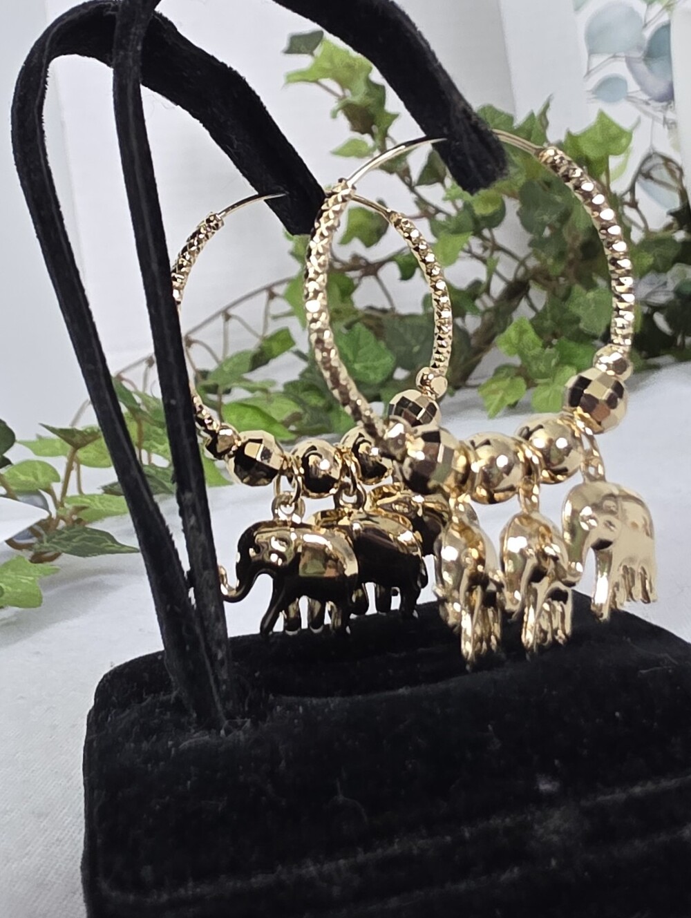 Boho Diamond Cut Gold Filled Hoop Earrings with Dangle Elephant Charms - Picture 6 of 8